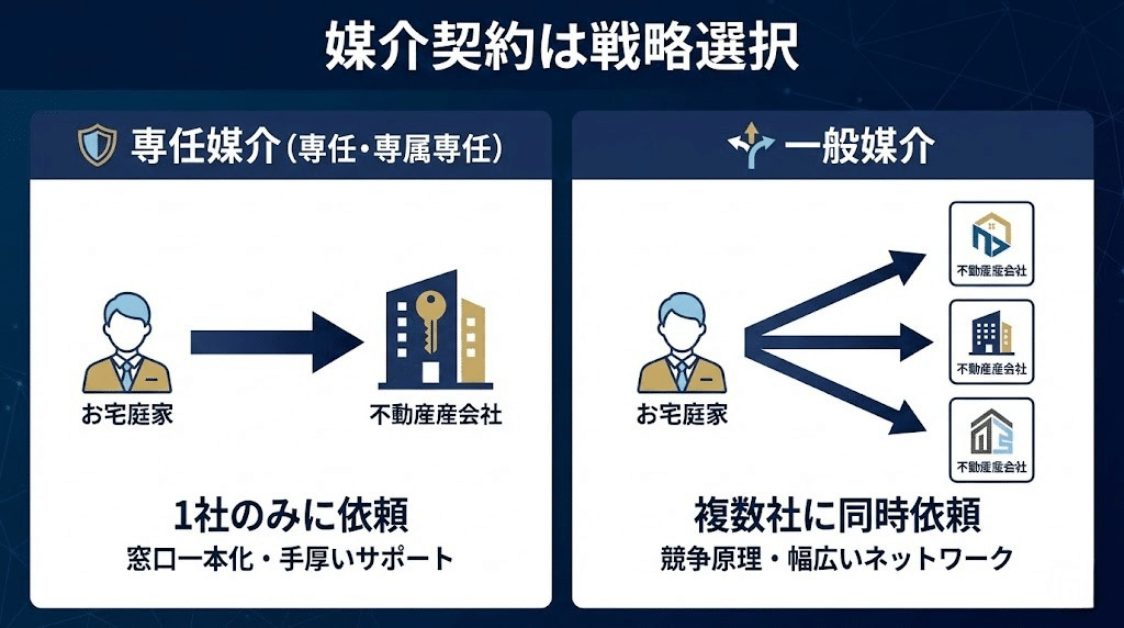 専任媒介と一般媒介の違いを示す図解