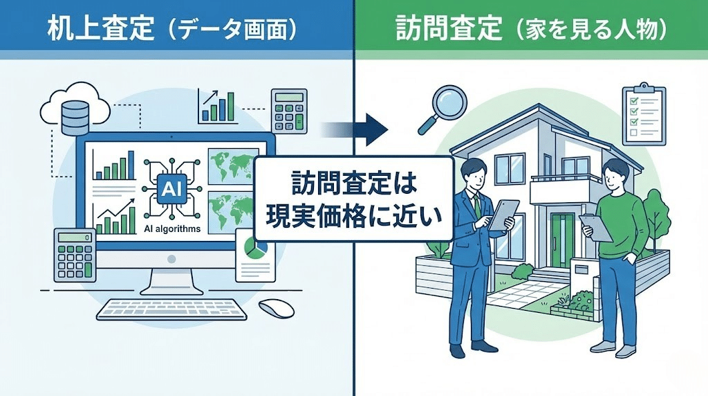 机上査定と訪問査定の違いを示すイラスト