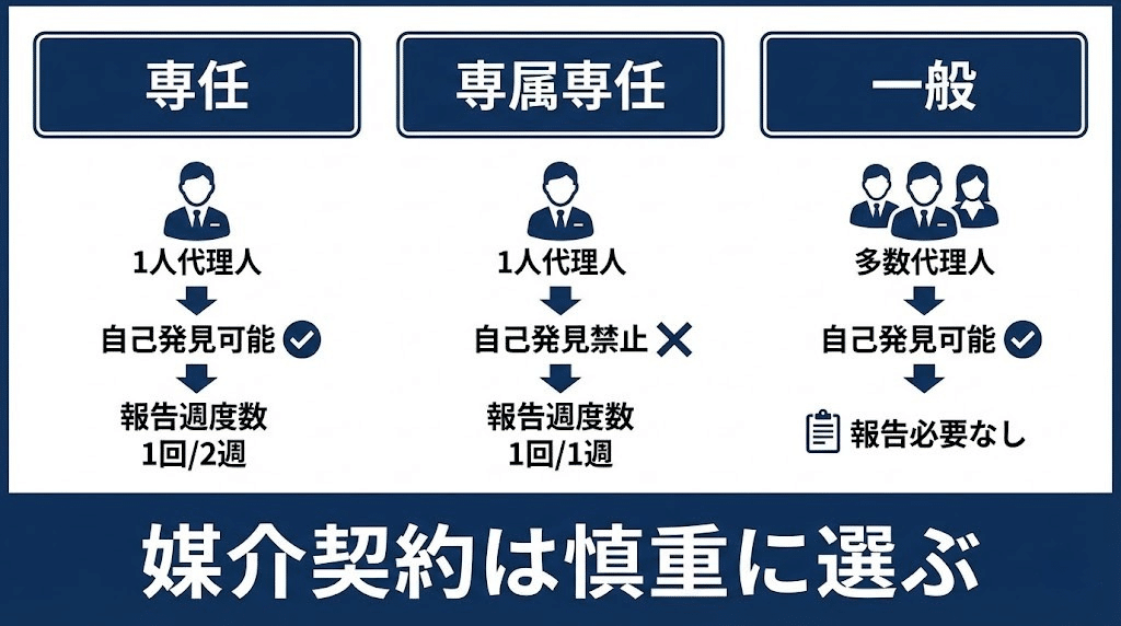専任媒介と一般媒介の比較イメージ