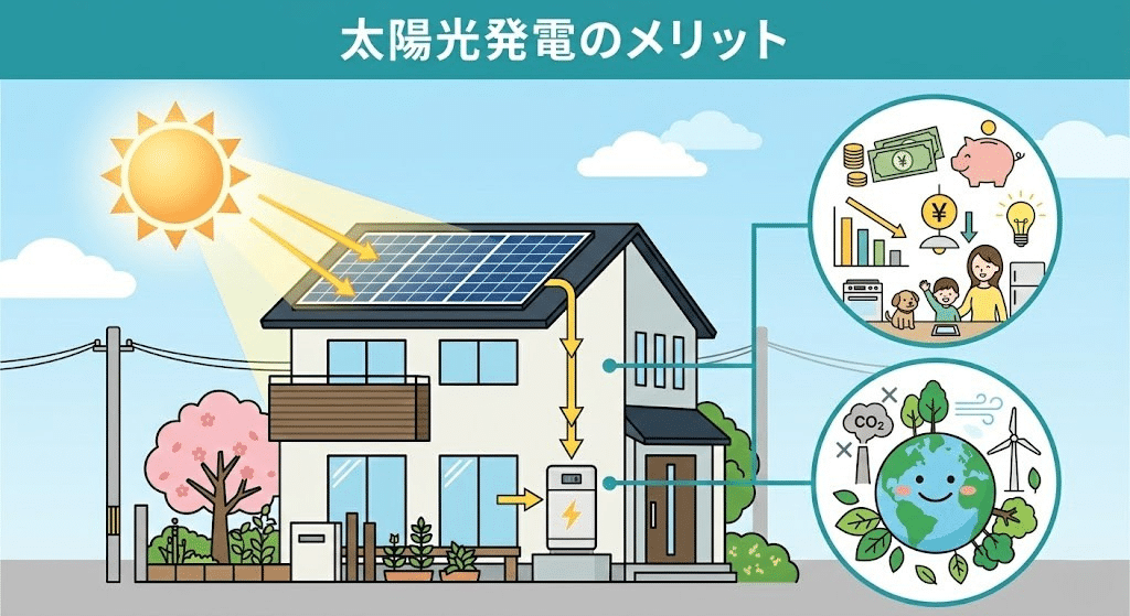 太陽光発電のメリットを説明するイラスト