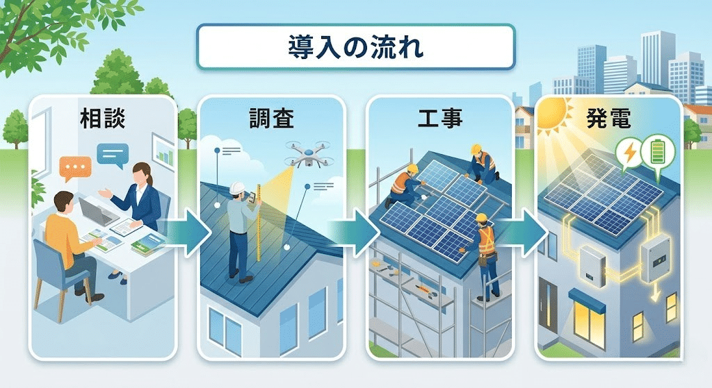 太陽光発電導入の流れイラスト
