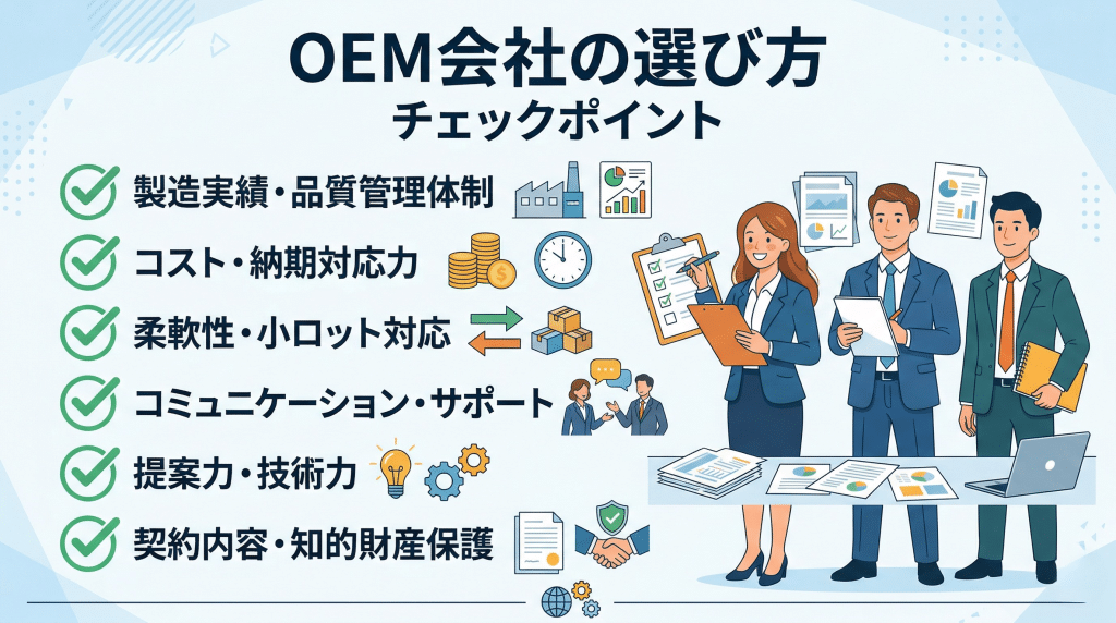 OEM会社の選び方を示した横長チェックリスト